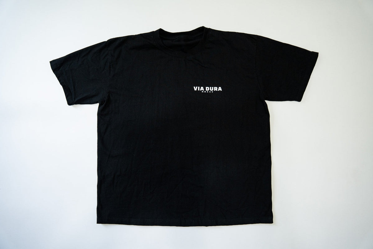 Black tee, front with Via Dura chest print