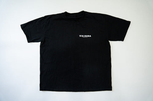 Black tee, front with Via Dura chest print