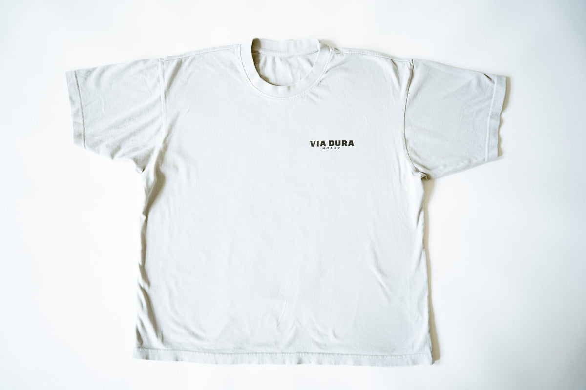 Sculptor II Tee in Pigment White, front with Via Dura chest print