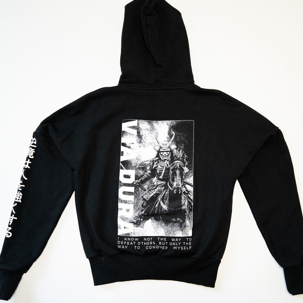 Samurai Hoodie in Black — back print, mounted samurai with quote