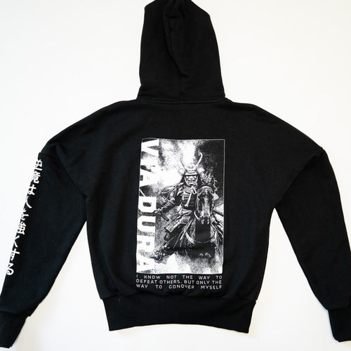 Samurai Hoodie in Black — back print, mounted samurai with quote