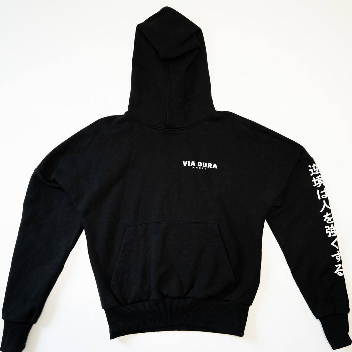 Samurai Hoodie in Black — front, Via Dura MMXXV chest print