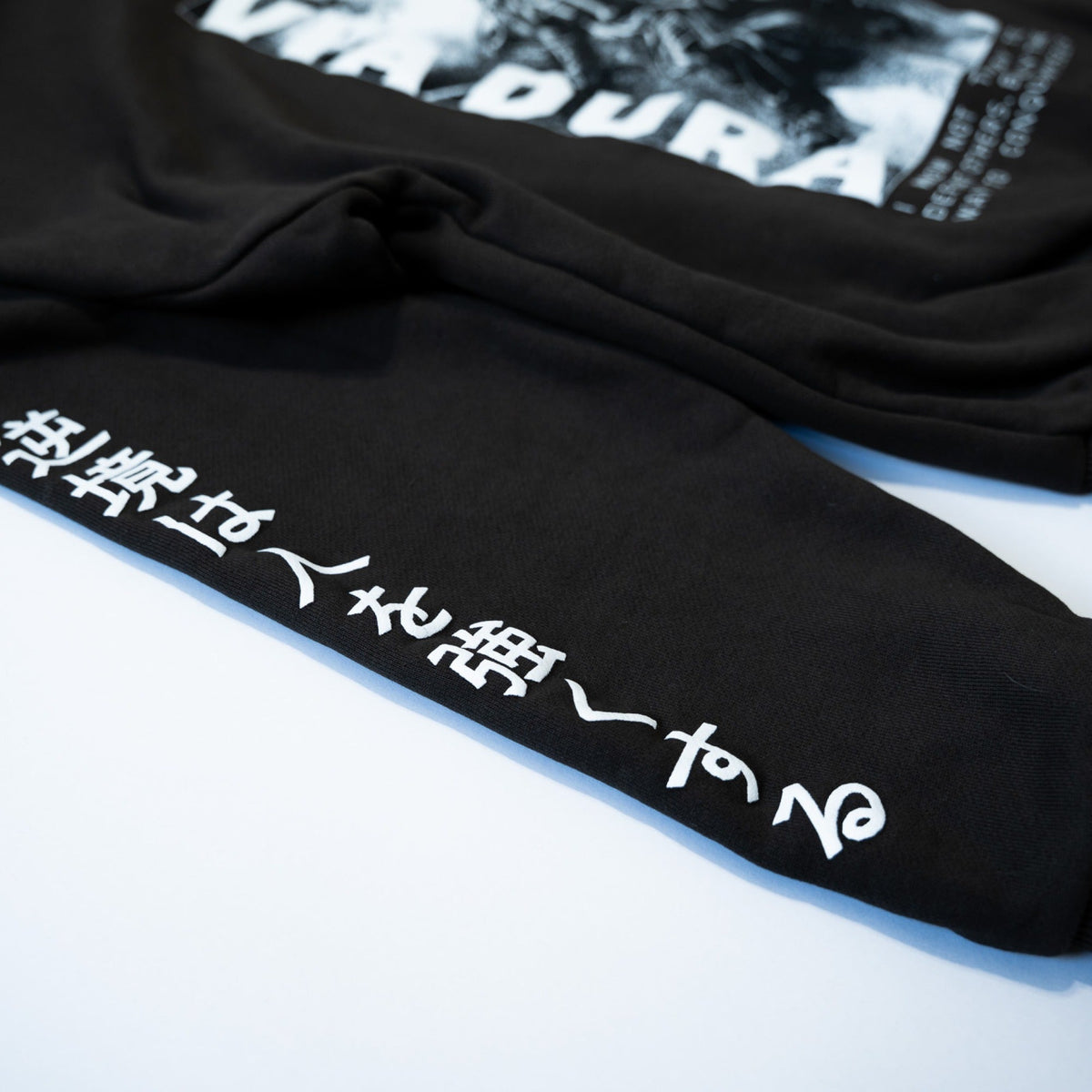 Samurai Hoodie — sleeve print detail, Japanese lettering