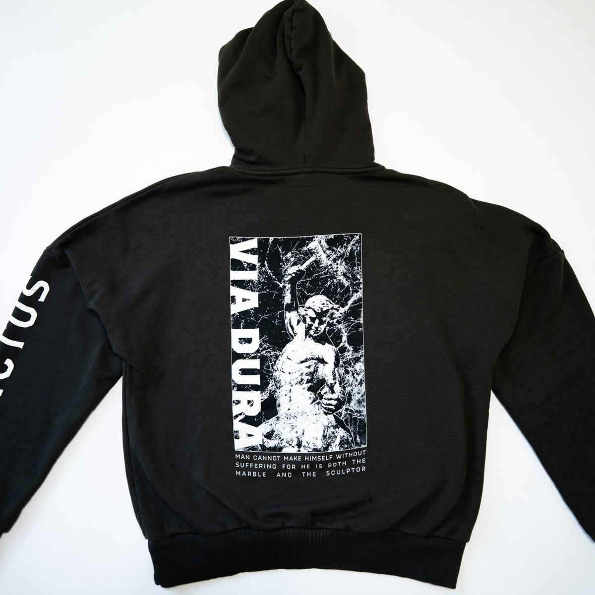 Sculptor I Hoodie in Black — back print, self-made man in marble