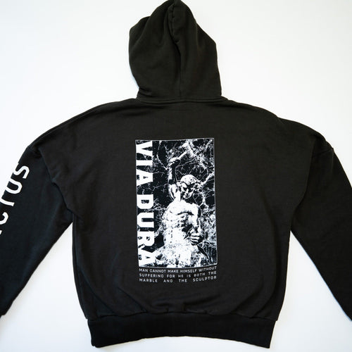 Sculptor I Hoodie in Black — back print, self-made man in marble