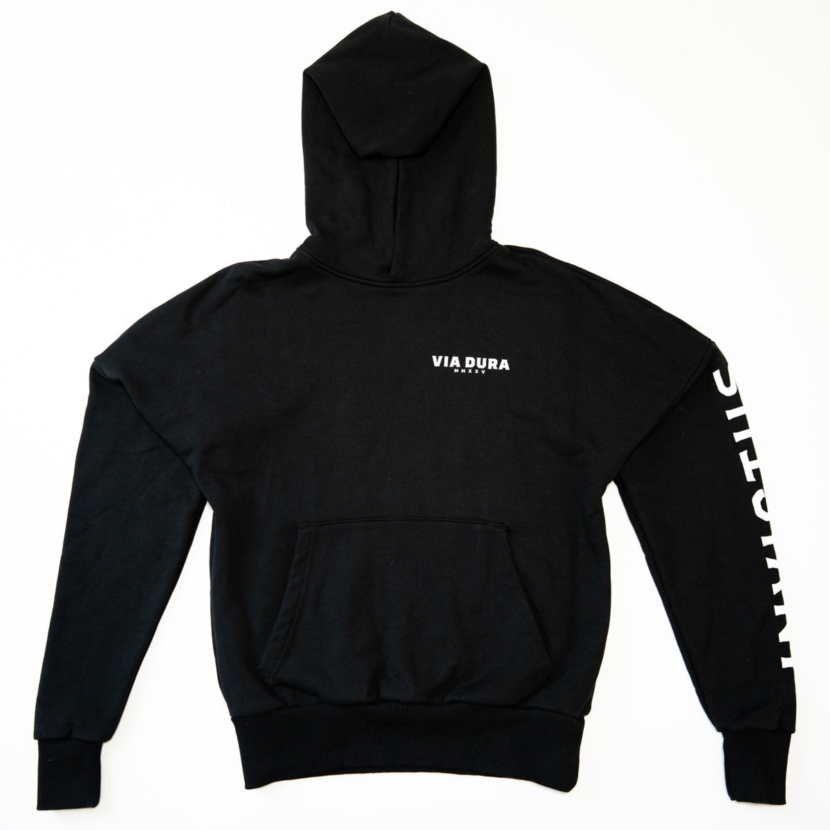 Sculptor II Hoodie in Black — front, Via Dura MMXXV chest print