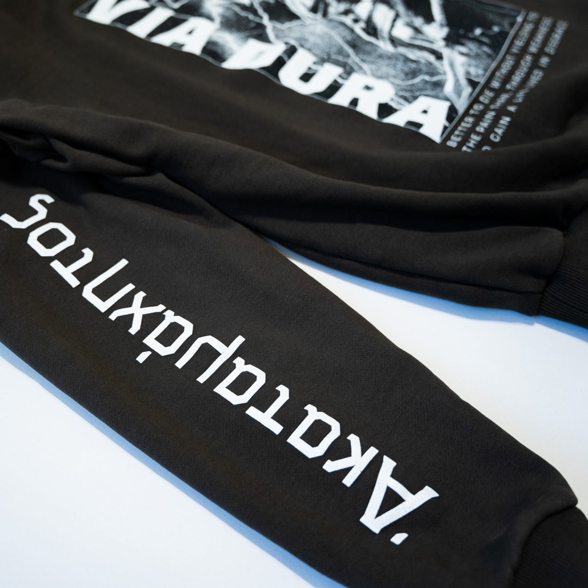 Spartan Hoodie — sleeve print detail, Greek lettering Akatamachetos